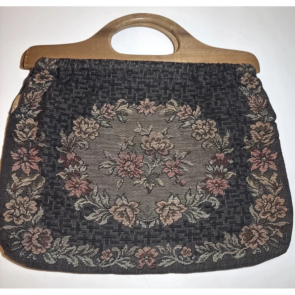 Vintage Floral Tapestry Purse Work Bag Wood Handles Black Pink Green Cream 15x15
